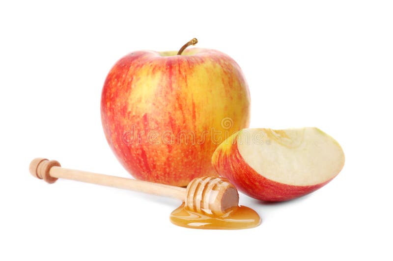 Dipper with sweet honey and apples on white background. Dipper with sweet honey and apples on white background