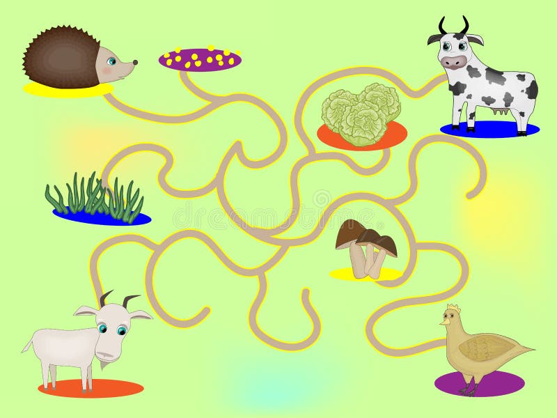 Childrens board game with Domestic animals. Maze Farm. Childrens board game with Domestic animals. Maze Farm