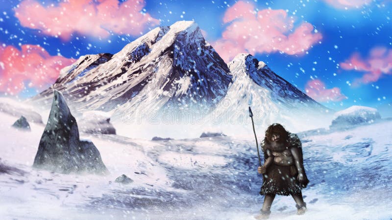 Caçador em uma tempestade da neve - pintura digital do neanderthal da idade do gelo