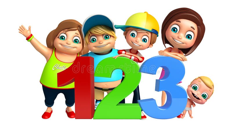Caçoe a menina, o menino da criança e o bebê bonito com sinal 123 ilustração do vetor