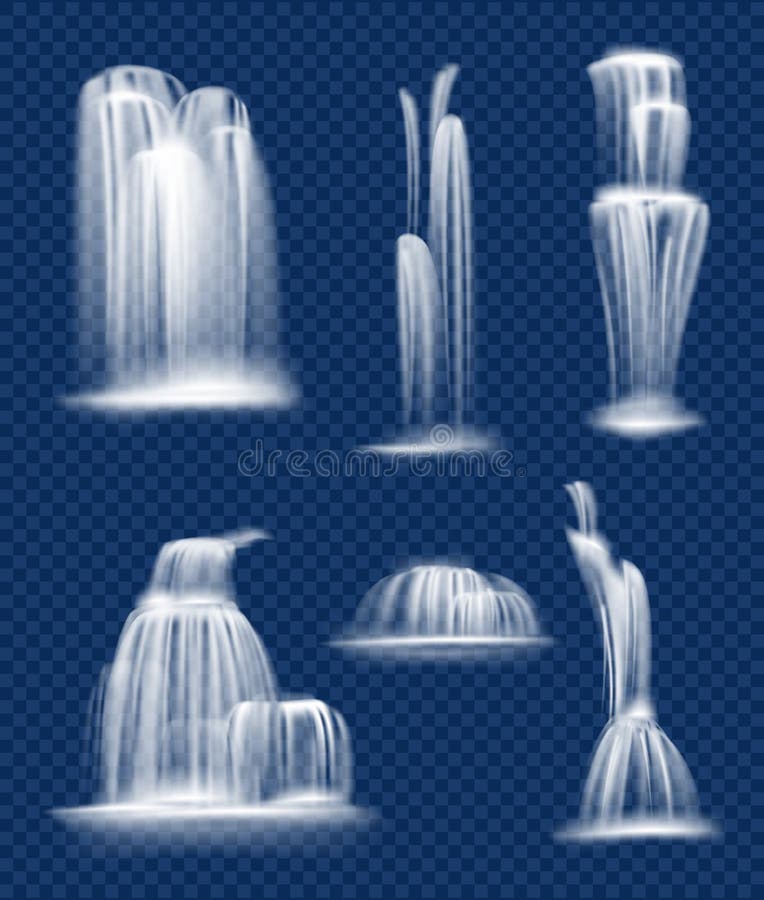 Caída de agua fluyendo Capturas en cascada de agua limpia y transparente, salpicaduras y gotas vectoriales de recolección realist stock de ilustración Caída de agua fluyendo Capturas en cascada de agua limpia y transparente, salpicaduras y gotas vectoriales de recolección realist stock de ilustración