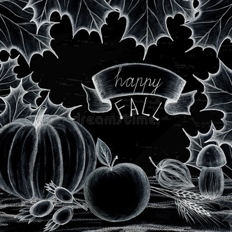 Caída feliz Concepto del día de fiesta del dibujo de la mano del otoño y de la cosecha Las hojas de los árboles son arce, roble C ilustración del vector Caída feliz Concepto del día de fiesta del dibujo de la mano del otoño y de la cosecha Las hojas de los árboles son arce, roble C ilustración del vector