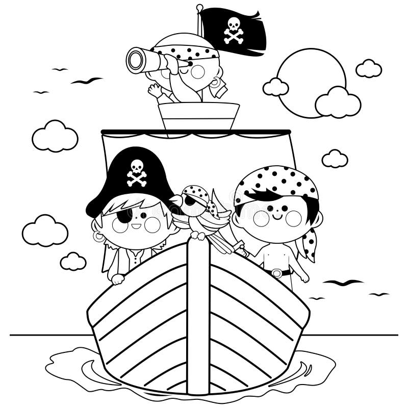 Pirates sailing on a pirate ship at the sea. Vector black and white coloring page.