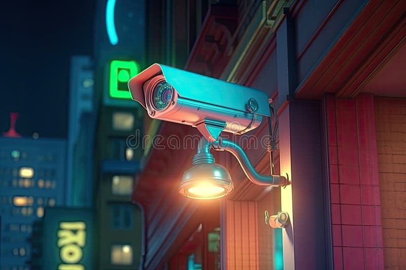 CCTV Camera on Facade of Building, Public Safety, Ai Generated Stock