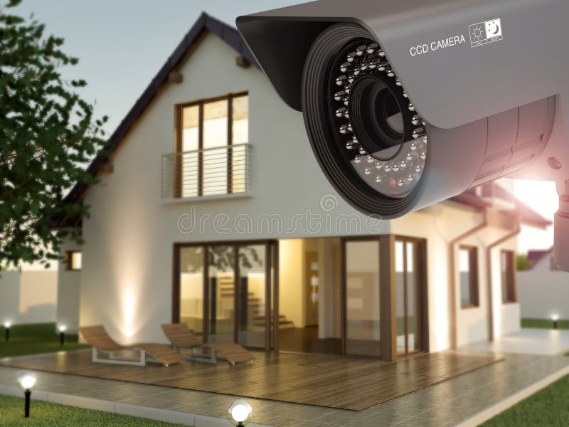 Security Camera and Home in the Evening, 3D Illustration Stock