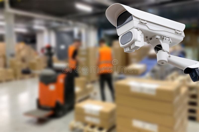 CCTV Camera Operating Inside Warehouse or Factory. Copy Space. Stock