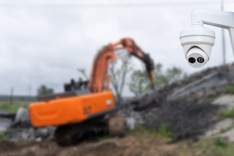 CCTV Camera Watching an Excavator and Workers Working on a Construction