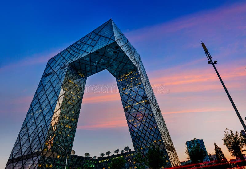 CCTV Headquarters at twilight , The CCTV building is a loop of six horizontal and vertical sections with a total floor space of 473,000 square meters. CCTV Headquarters at twilight , The CCTV building is a loop of six horizontal and vertical sections with a total floor space of 473,000 square meters.