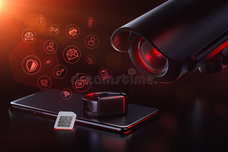 Cctv invigilates apps and mobile data traffic. Privacy, Surveillance, Data Tracking and collecting user data concept. 3D rendering royalty free illustration