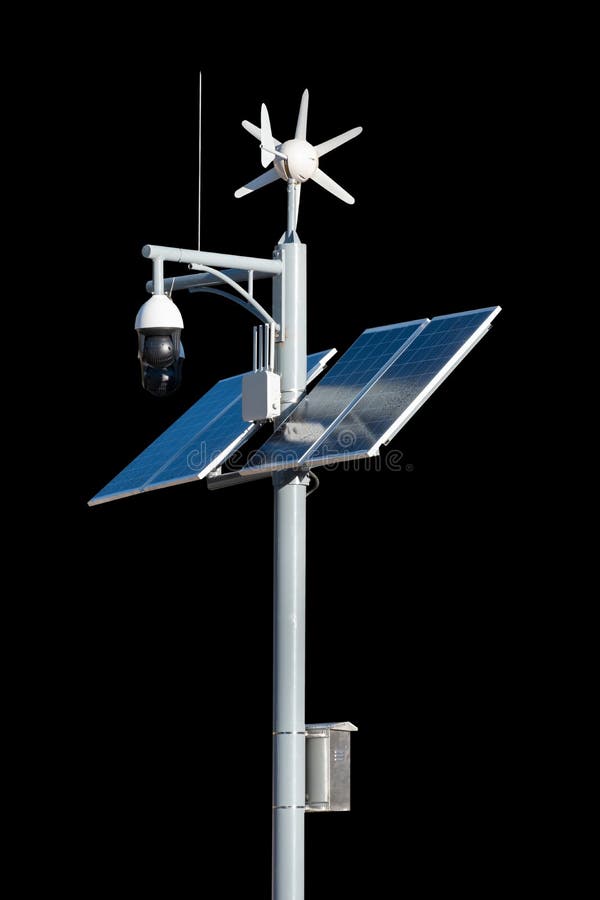 CCTV security camera with solar cell panel of clean energy electric pole. on background