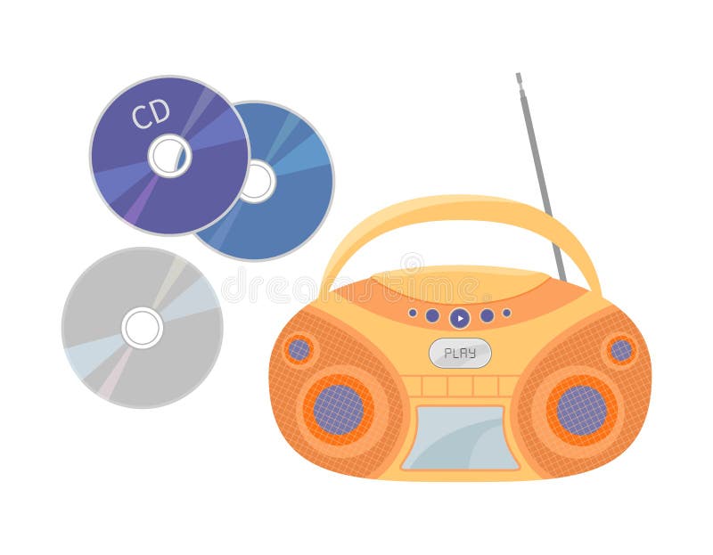 CD recorder isolated and compact disks. 90s CD stereo boombox and discs on white background. Mp3 music player. Vector flat retro