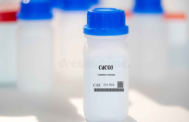 CdCO3 cadmium carbonate CAS 513-78-0 chemical substance in white plastic laboratory packaging stock image
