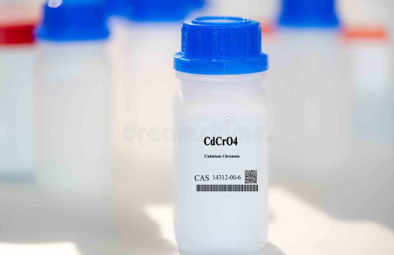 CdCrO4 cadmium chromate CAS 14312-00-6 chemical substance in white plastic laboratory packaging stock images