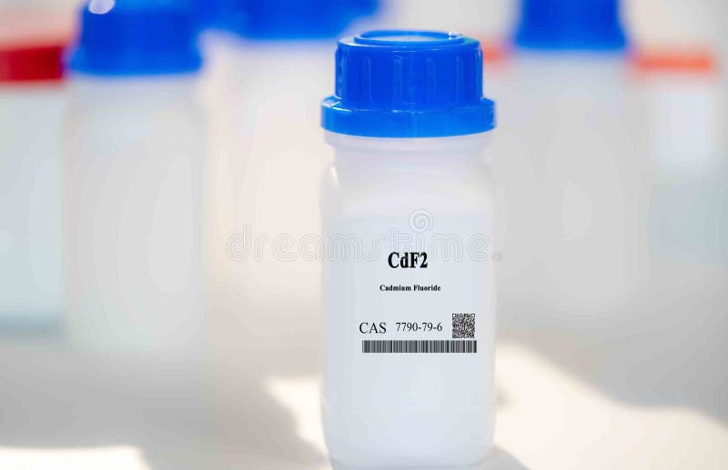 CdF2 cadmium fluoride CAS 7790-79-6 chemical substance in white plastic laboratory packaging royalty free stock images