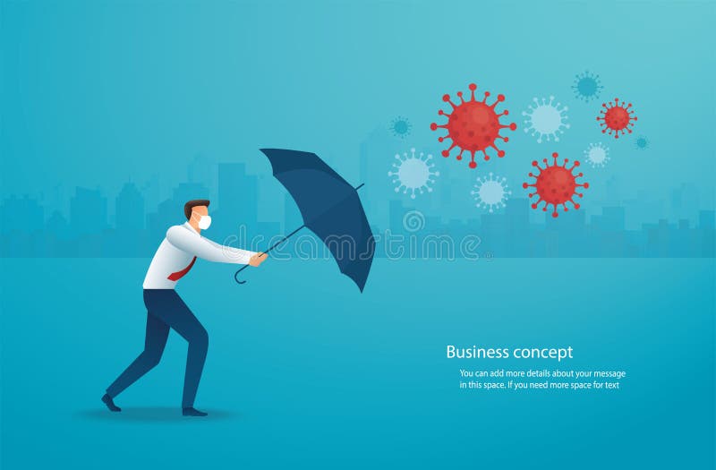 Businessman uses umbrella to protect himself from Coronavirus COVID-19 vector illustration, EPS10. vector illustration.
