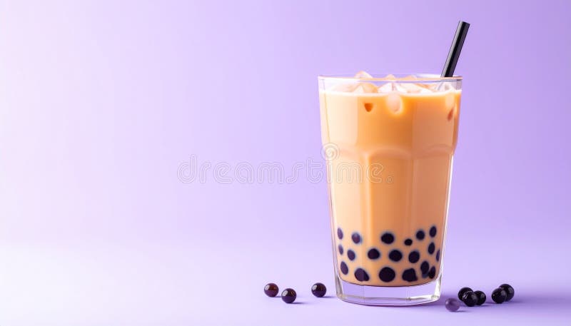 Ceai de lapte cu gheață cu perle de Tapioca pe fundal de lavandă mată royalty free stock photos