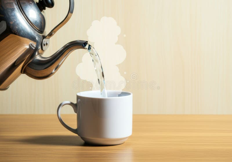 Ceainicul turnând apă caldă într-o cupă albă creând o atmosferă confortabilă royalty free stock image