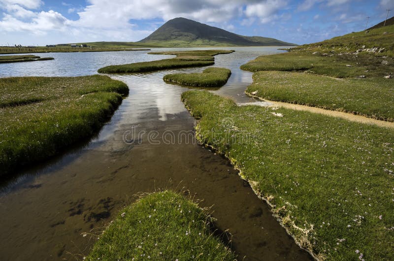 Ceapabhal hill and tidal inlets or saltings at An Taobh Tuath or Northton on the Isle of Harris, Scotland.