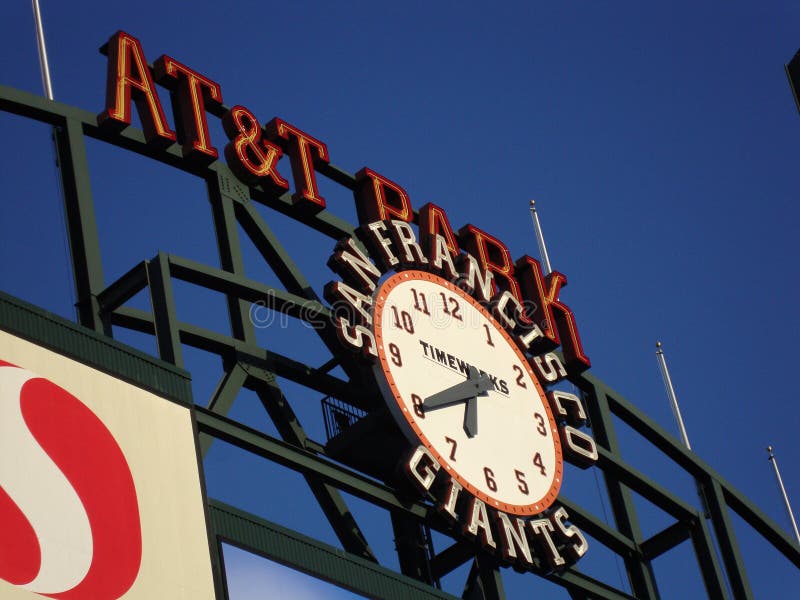 Ceas scoreboard de giganți din San Francisco cu cronometre afișând ora de aproximativ 6. 40 pm royalty free stock photography