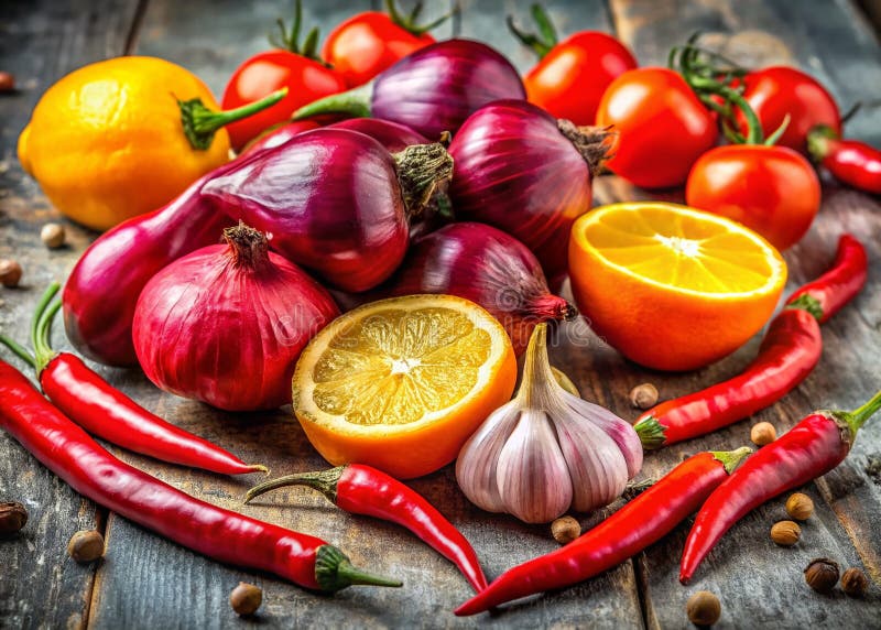 Cebollas rojas calabresas, pimientos picantes y puras frutas de cítricos de Tropea, Italia. Sabor del sur stock de ilustración