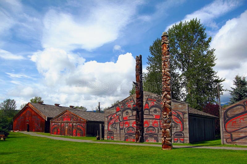 Indigenous Cedar Plank Longhouses and Totem Poles at K`san Village, Hazelton, BC, Canada royalty free stock photos Indigenous Cedar Plank Longhouses and Totem Poles at K`san Village, Hazelton, BC, Canada royalty free stock photos