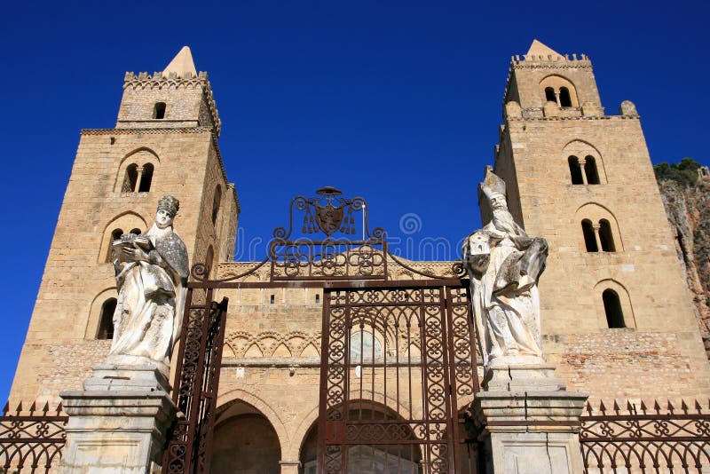 Cefalu cathedral on blue sky; Sicily