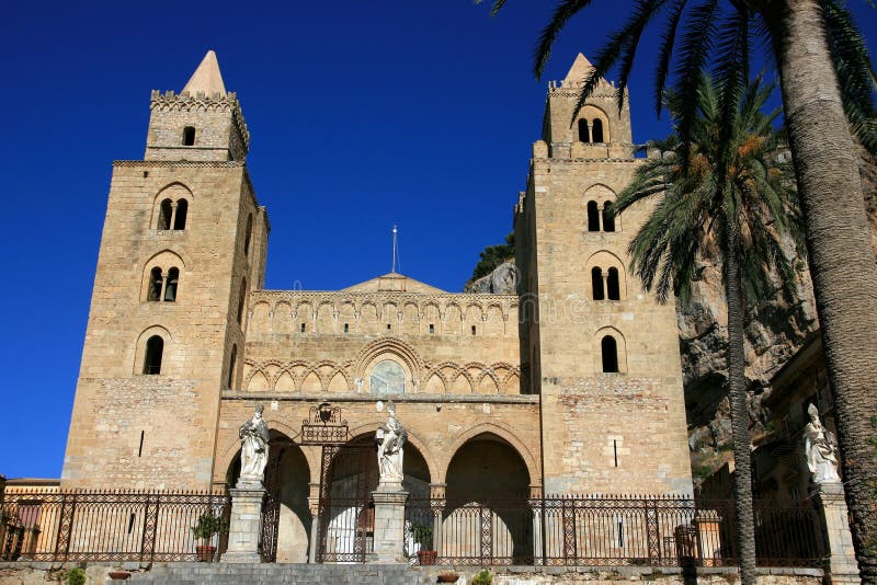 Cefalu cathedral on summer sky; Sicily