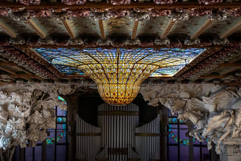 Ceiling with inverted dome stained-glass skylight. Palau de la Musica Catalana by Domenech i Montaner. Barcelona, Catalonia.