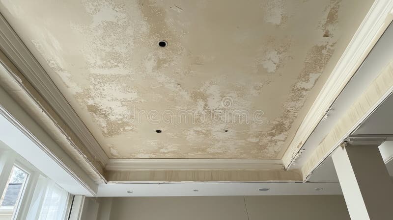 Ceiling Water Damage Is Extensive And Visible. Shows Ceiling Bubbling Peeling Paint, And Water Stains. Renovation Needed stock illustration
