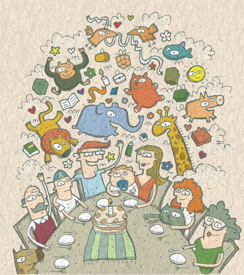 Celebración de cumpleaños: ejemplo dibujado mano de una familia alrededor libre illustration Celebración de cumpleaños: ejemplo dibujado mano de una familia alrededor libre illustration