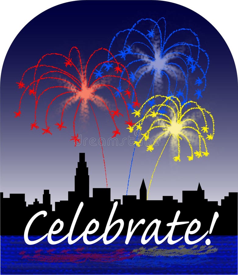 Illustration of fireworks with a city skyline and water reflection. Illustration of fireworks with a city skyline and water reflection