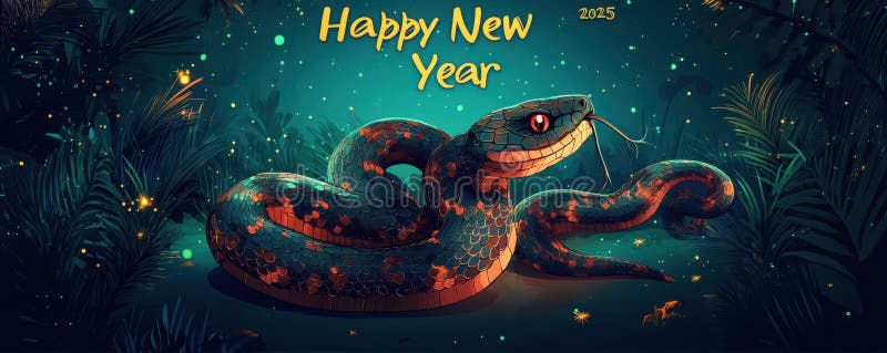Festive new year greeting with a colorful snake illustration stock photos