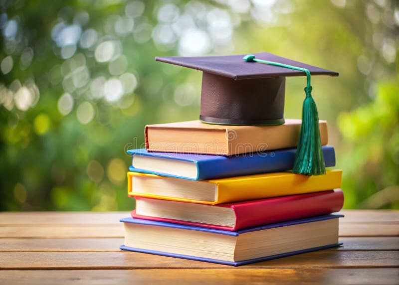 Celebrating Academic Achievement A Colorful Stack of Graduation Books and Cap Capturing the Joy of Completion royalty free illustration