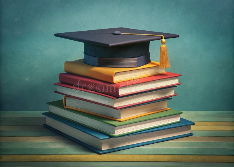 Celebrating Academic Achievement A Towering Stack of Graduation Books Symbolizing Educational Success and the Vastness stock illustration