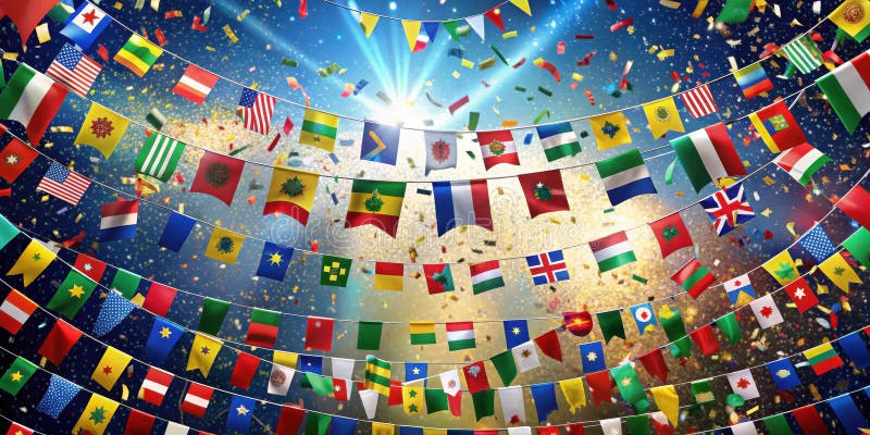Celebration of global unity festive bunting with diverse flags and confetti. Generative AI stock illustration