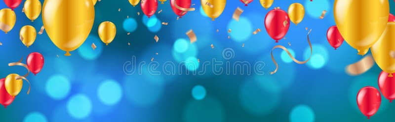 Celebration. glossy golden and red balloons with Dark blue holiday background with colorful shining bokeh and serpentine royalty free illustration Celebration. glossy golden and red balloons with Dark blue holiday background with colorful shining bokeh and serpentine royalty free illustration