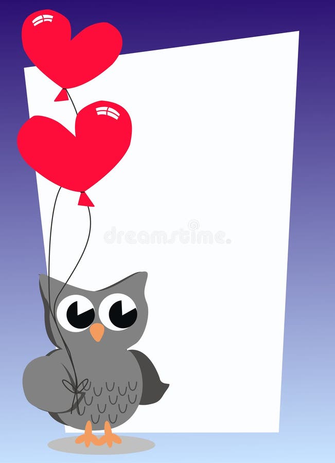 A celebration or invitation card with a cute grey owl with balloons. Friendship borders vectors