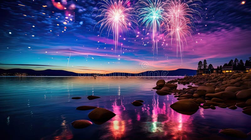 celebration lake tahoe fireworks illustration summer holiday, event spectacular, pyrotechnics show celebration lake tahoe fireworks AI generated