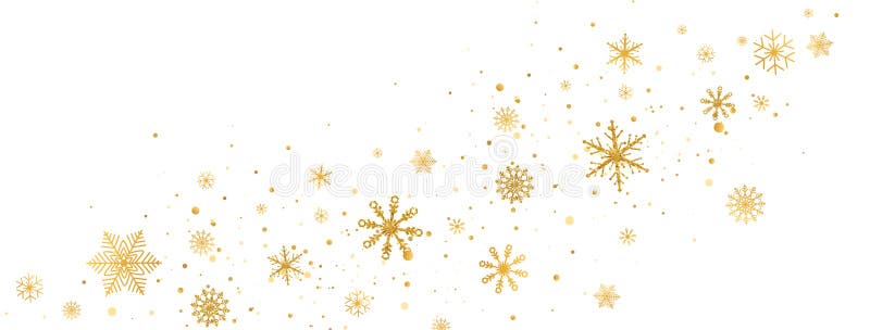 Celebration long banner. Golden snowflakes border in wave shape. Glitter gold snowflakes and snow with stars on white
