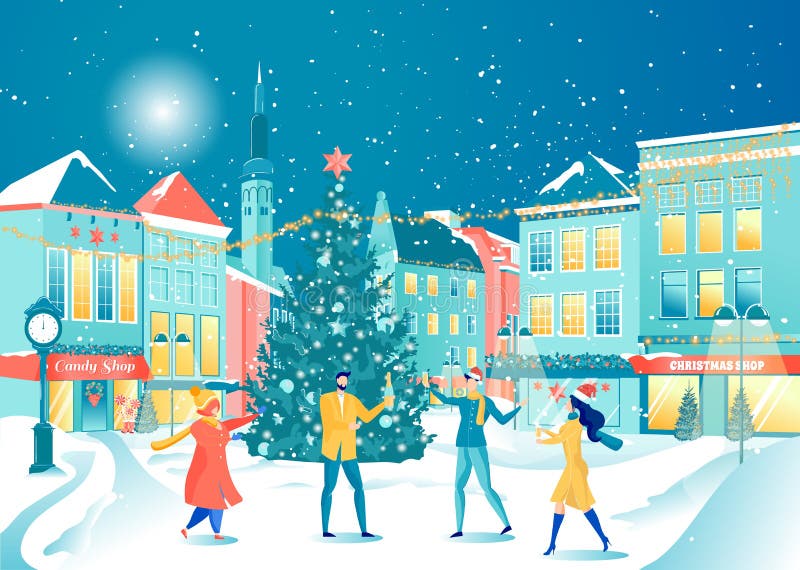 Celebration New Year Outdoors near City Xmas Tree stock illustration Celebration New Year Outdoors near City Xmas Tree stock illustration
