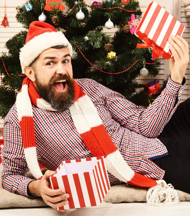 Celebration And Surprise Concept Man With Beard Opens Present Box