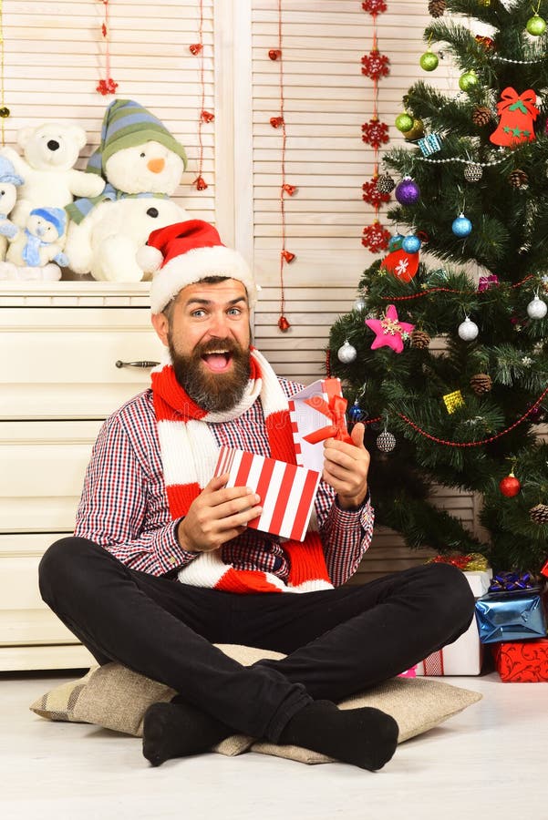 Celebration And Surprise Concept Man With Beard Opens Present Box