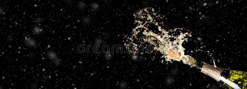 Celebration theme with splashing champagne on black background with snow and free space. Christmas or New Year, Valentines day royalty free stock photo Celebration theme with splashing champagne on black background with snow and free space. Christmas or New Year, Valentines day royalty free stock photo