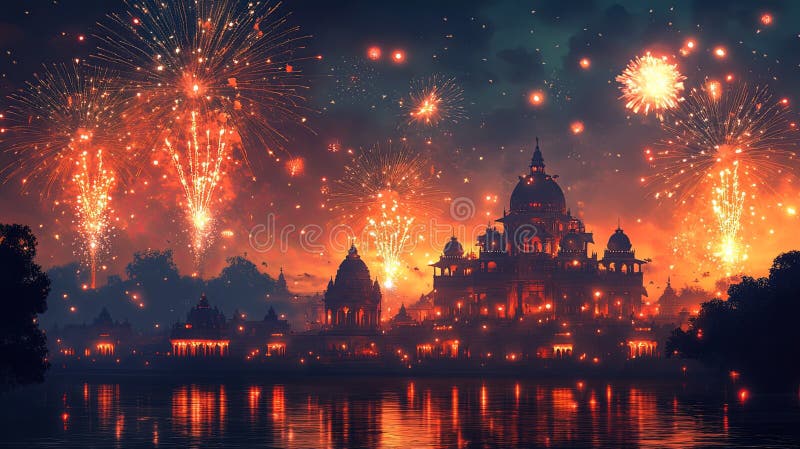 The Navratri celebration comes alive at night, with captivating fireworks illuminating the sky above a grand, majestic stock images