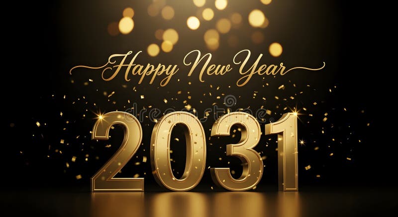 Happy New Year 2031 - Gold 3D Numbers with Confetti Stock