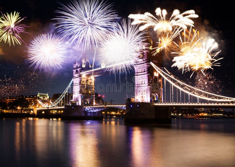 celebratory fireworks over Tower Bridge - New Year destination. London. UK