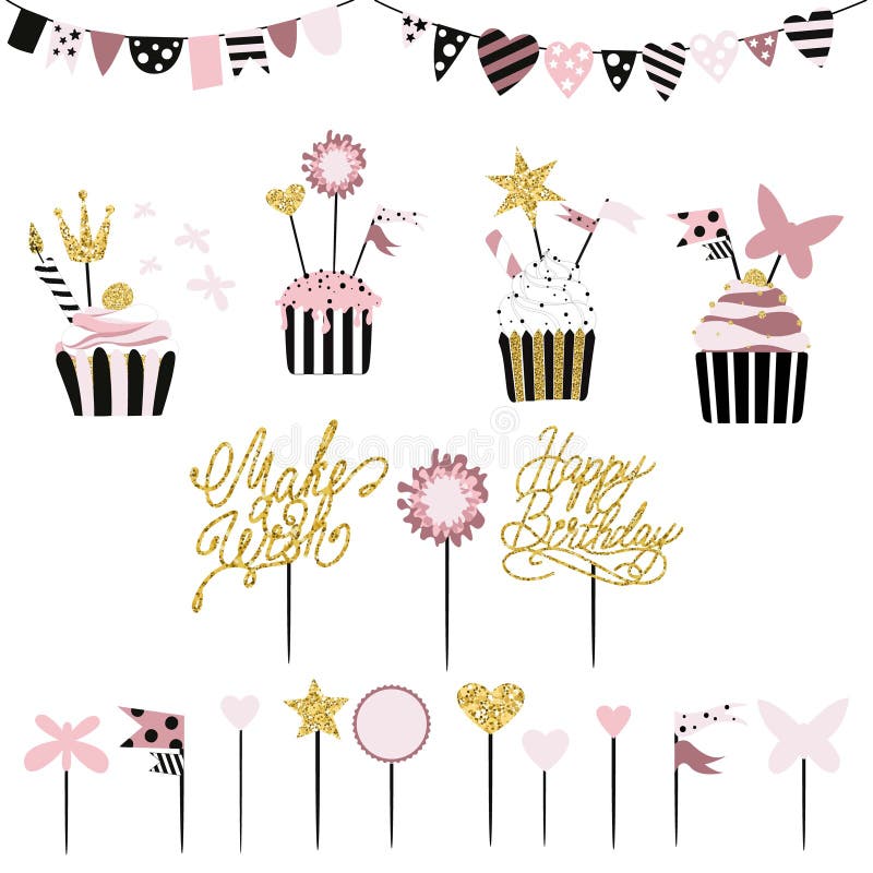 Celebratory kakor med uppsättningen av garneringar, toppers, stearinljus och stock illustrationer Celebratory kakor med uppsättningen av garneringar, toppers, stearinljus och stock illustrationer