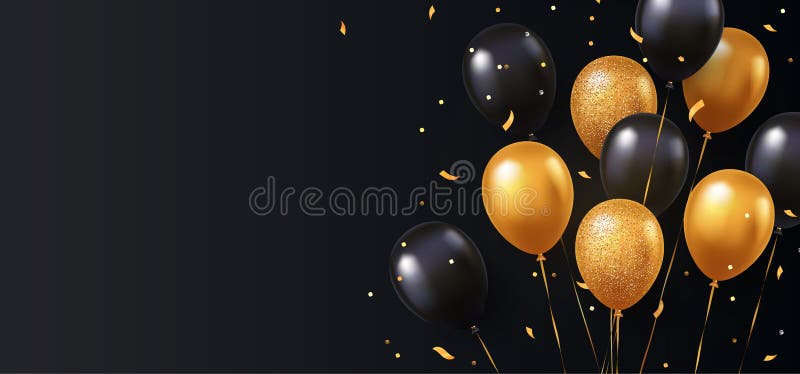 Celebrazione, fondo di festival con i palloni dell'elio Accogliere insegna o manifesto con oro e le sedere volanti di vettore rea illustrazione vettoriale