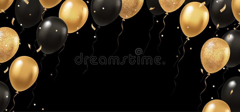 Celebration, festival background with helium balloons. Greeting banner or poster with gold and black realistic 3d vector flying balloons. Celebrate a birthday poster. Happy anniversary card. Celebration, festival background with helium balloons. Greeting banner or poster with gold and black realistic 3d vector flying balloons. Celebrate a birthday poster. Happy anniversary card.