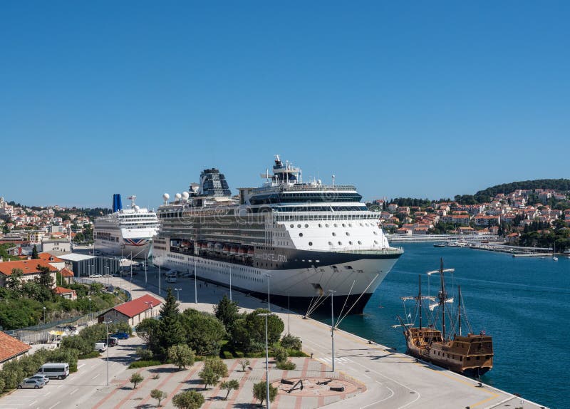 Dubrovnik, Croatia - 22 May 2019: Celebrity Constellation cruise ship docked in the Dubrovnik cruise port near the old. Dubrovnik, Croatia - 22 May 2019: Celebrity Constellation cruise ship docked in the Dubrovnik cruise port near the old